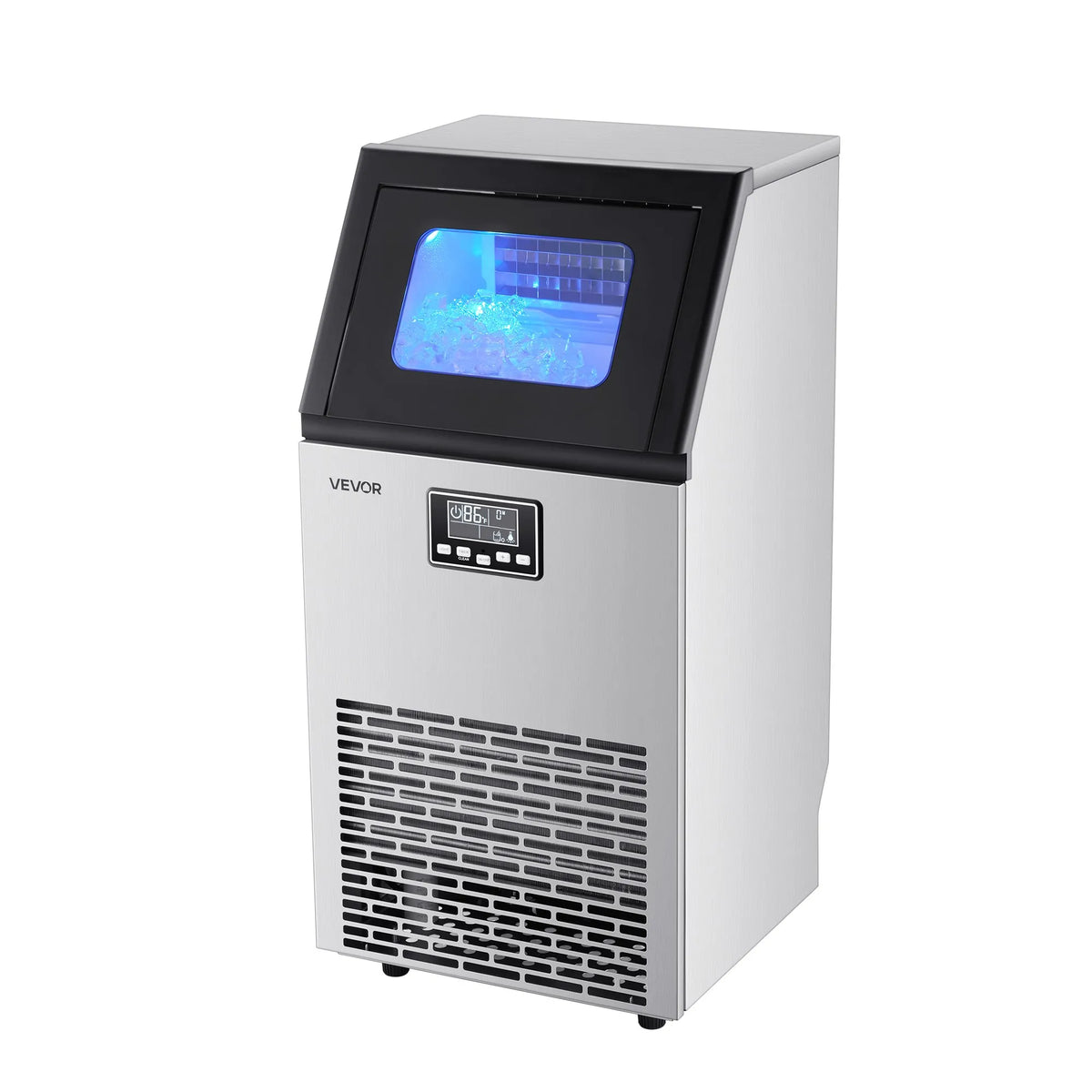 VEVOR komerciālais ledus ģenerators 54,43 kg/24 h ar 12,7 kg uzglabāšanas ietilpību, 45 kubiņi ciklā, nerūsējošā tērauda brīvi stāvošs vai iebūvējams ar LED displeju un pašattīrīšanos, piemērots bāram un restorānam - ZEMLETES.LV