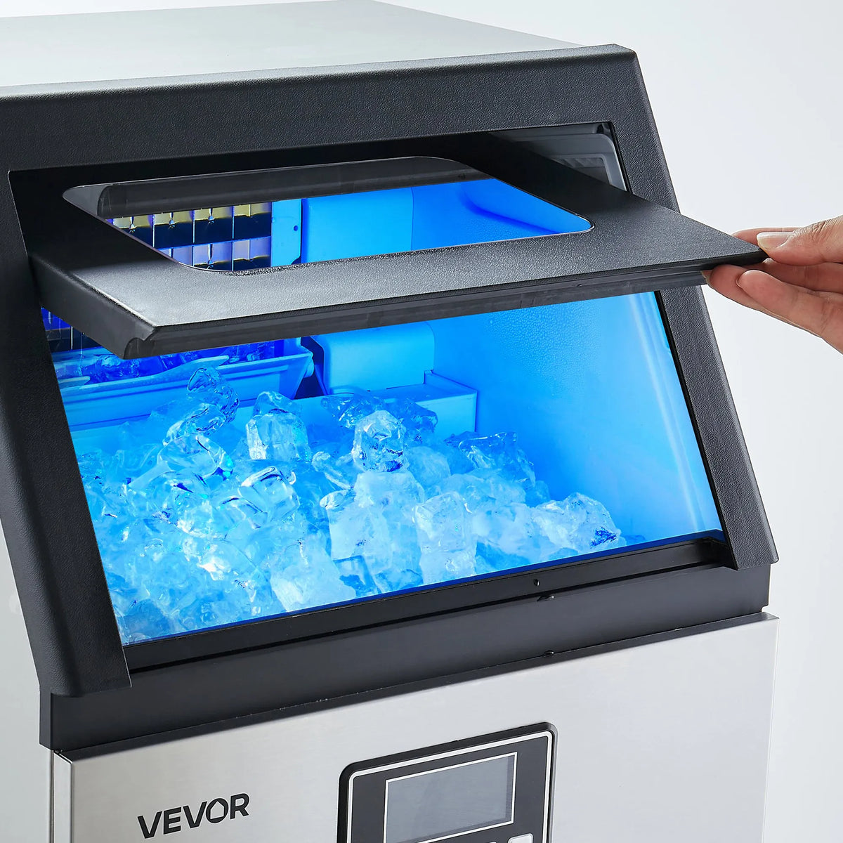 VEVOR komerciālais ledus ģenerators 54,43 kg/24 h ar 12,7 kg uzglabāšanas ietilpību, 45 kubiņi ciklā, nerūsējošā tērauda brīvi stāvošs vai iebūvējams ar LED displeju un pašattīrīšanos, piemērots bāram un restorānam - ZEMLETES.LV