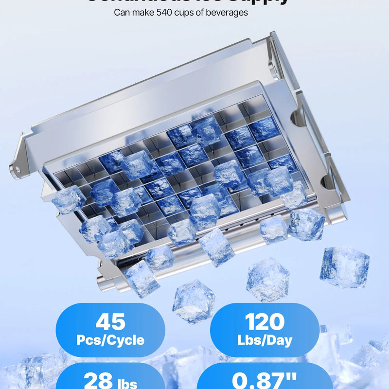 VEVOR komerciālais ledus ģenerators 54,43 kg/24 h ar 12,7 kg uzglabāšanas ietilpību, 45 kubiņi ciklā, nerūsējošā tērauda brīvi stāvošs vai iebūvējams ar LED displeju un pašattīrīšanos, piemērots bāram un restorānam - ZEMLETES.LV