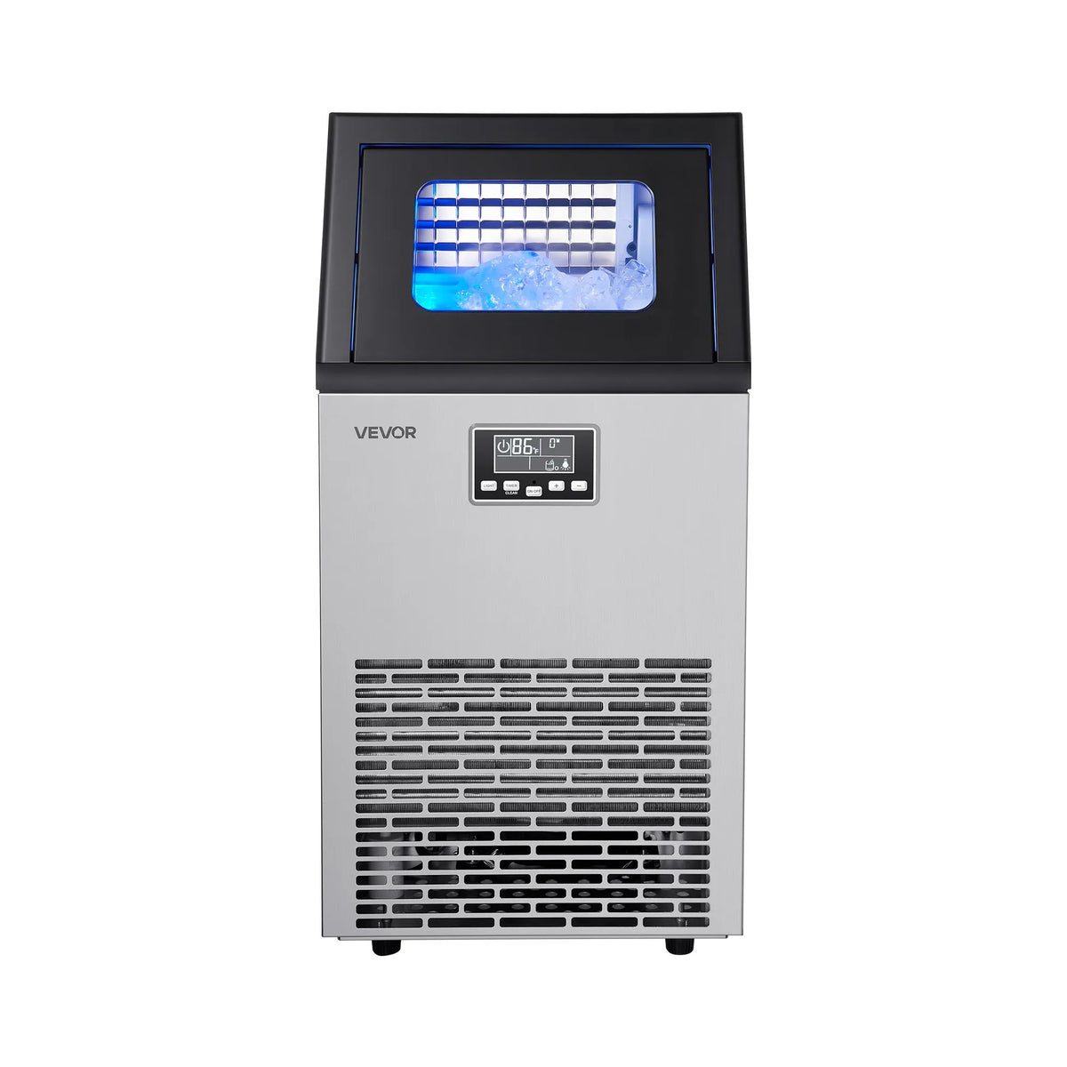 VEVOR komerciālais ledus ģenerators 54,43 kg/24 h ar 12,7 kg uzglabāšanas ietilpību, 45 kubiņi ciklā, nerūsējošā tērauda brīvi stāvošs vai iebūvējams ar LED displeju un pašattīrīšanos, piemērots bāram un restorānam - ZEMLETES.LV