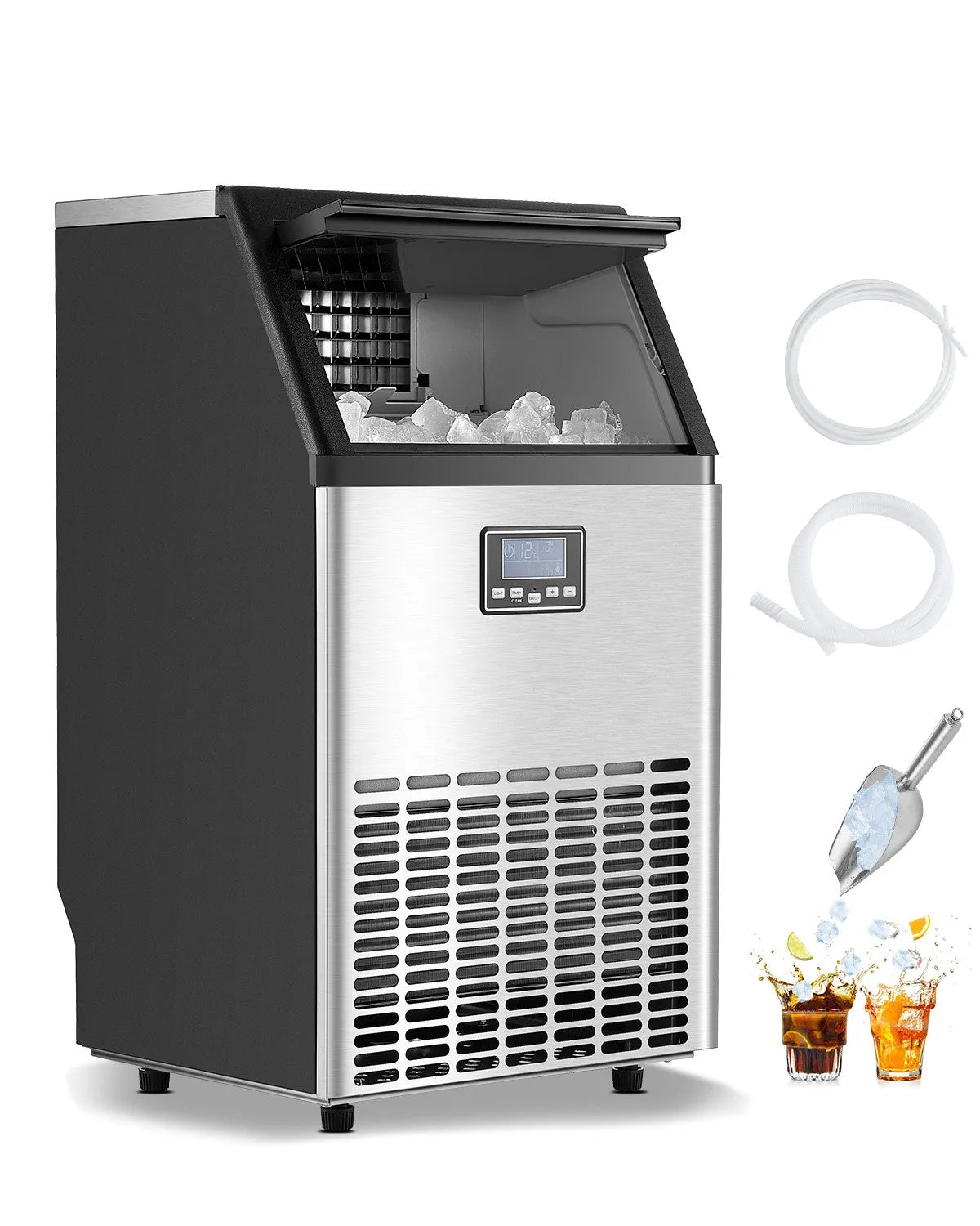 VEVOR komerciālais ledus ģenerators 54,4 kg/24 h ar 15 kg uzglabāšanas ietilpību, 45 kubiņi 15 minūtēs, brīvi stāvošs ar LED digitālo displeju un pašattīrīšanos, piemērots bāram, birojam un restorānam - ZEMLETES.LV