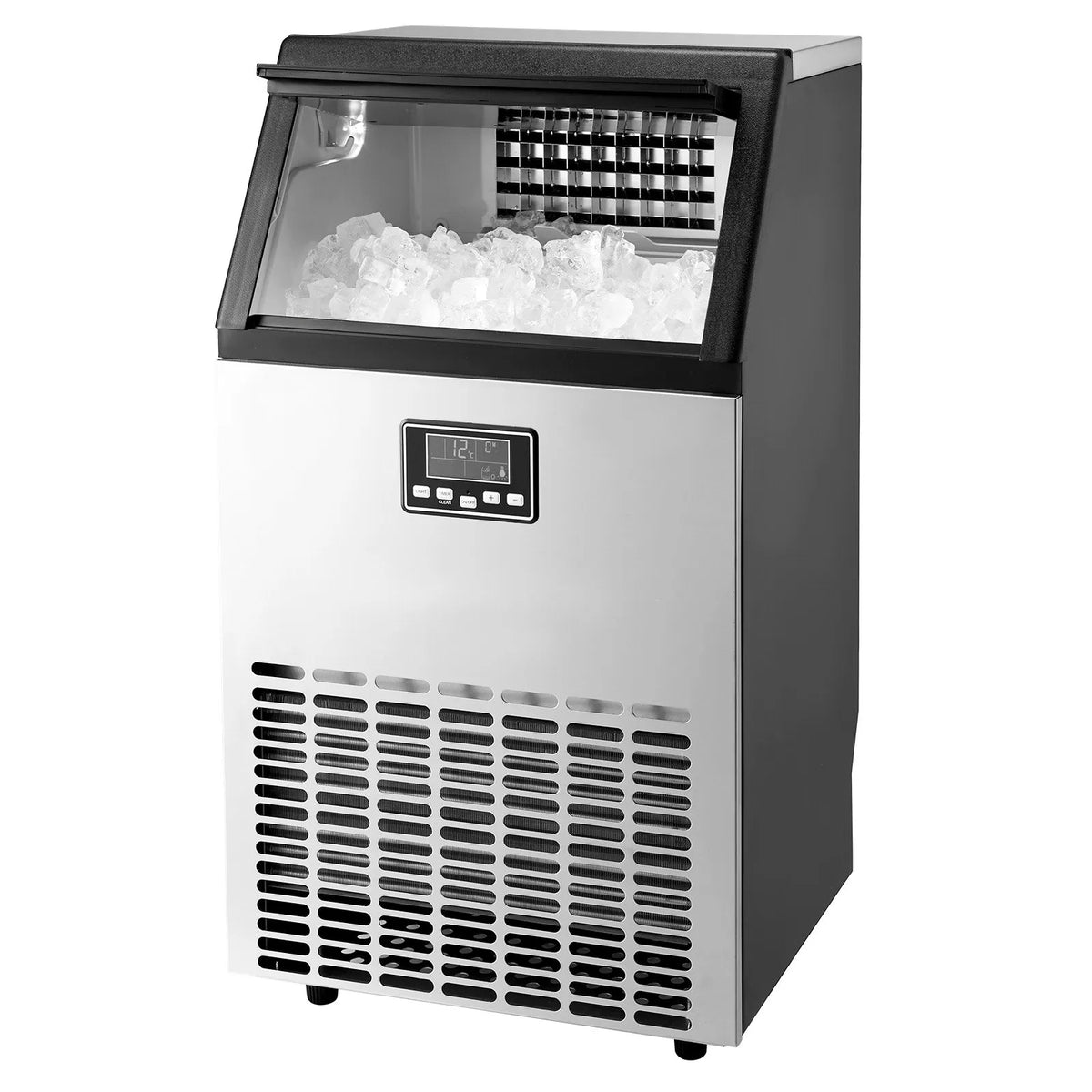 VEVOR komerciālais ledus ģenerators 54,4 kg/24 h ar 15 kg uzglabāšanas ietilpību, 45 kubiņi 15 minūtēs, brīvi stāvošs ar LED digitālo displeju un pašattīrīšanos, piemērots bāram, birojam un restorānam - ZEMLETES.LV