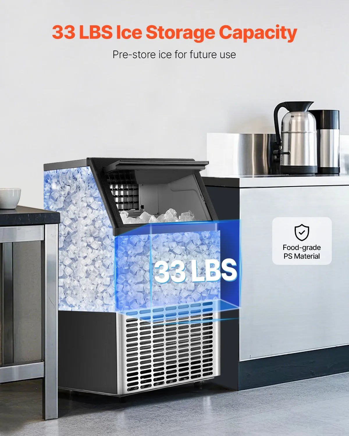 VEVOR komerciālais ledus ģenerators 54,4 kg/24 h ar 15 kg uzglabāšanas ietilpību, 45 kubiņi 15 minūtēs, brīvi stāvošs ar LED digitālo displeju un pašattīrīšanos, piemērots bāram, birojam un restorānam - ZEMLETES.LV