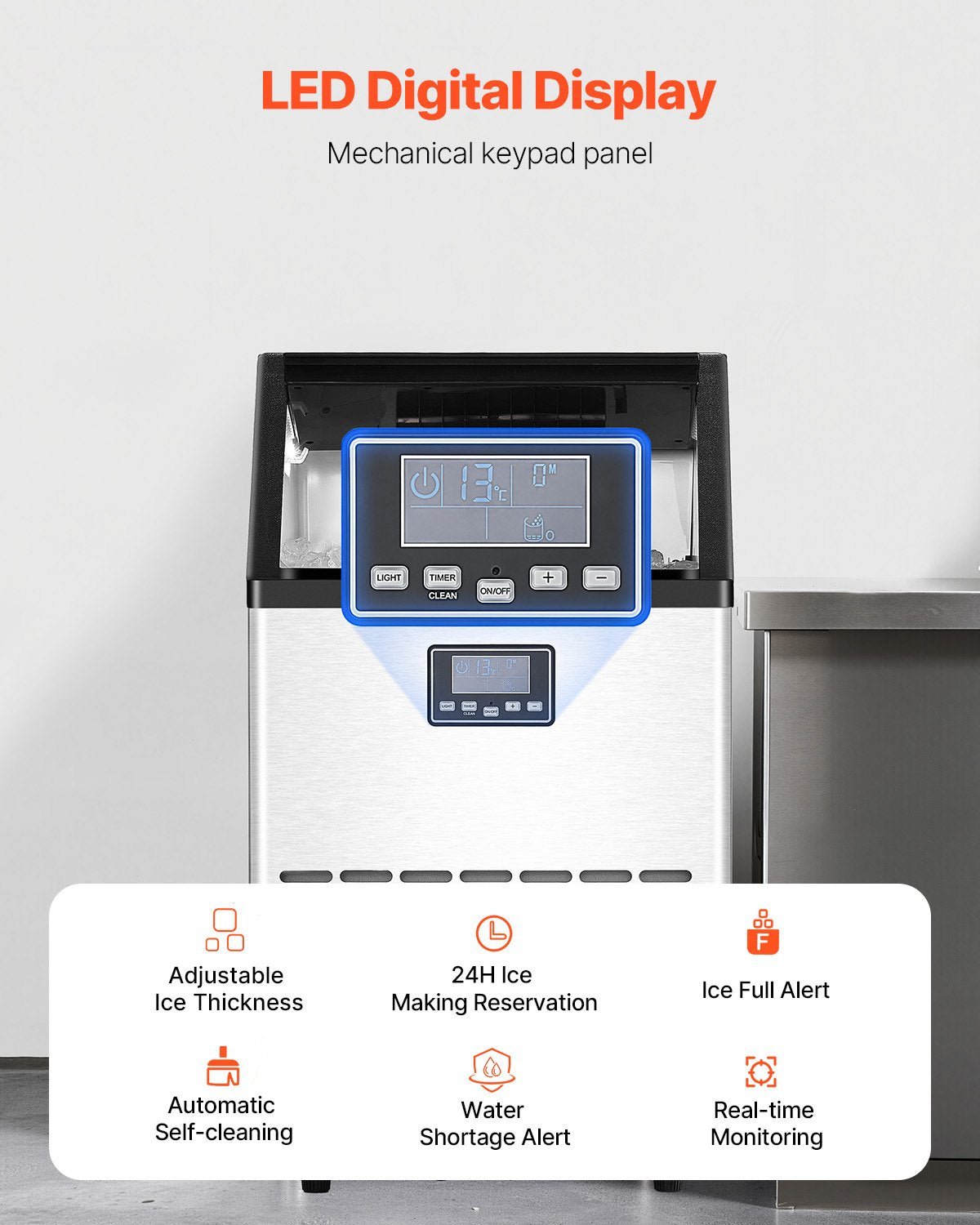 VEVOR komerciālais ledus ģenerators 54,4 kg/24 h ar 15 kg uzglabāšanas ietilpību, 45 kubiņi 15 minūtēs, brīvi stāvošs ar LED digitālo displeju un pašattīrīšanos, piemērots bāram, birojam un restorānam - ZEMLETES.LV
