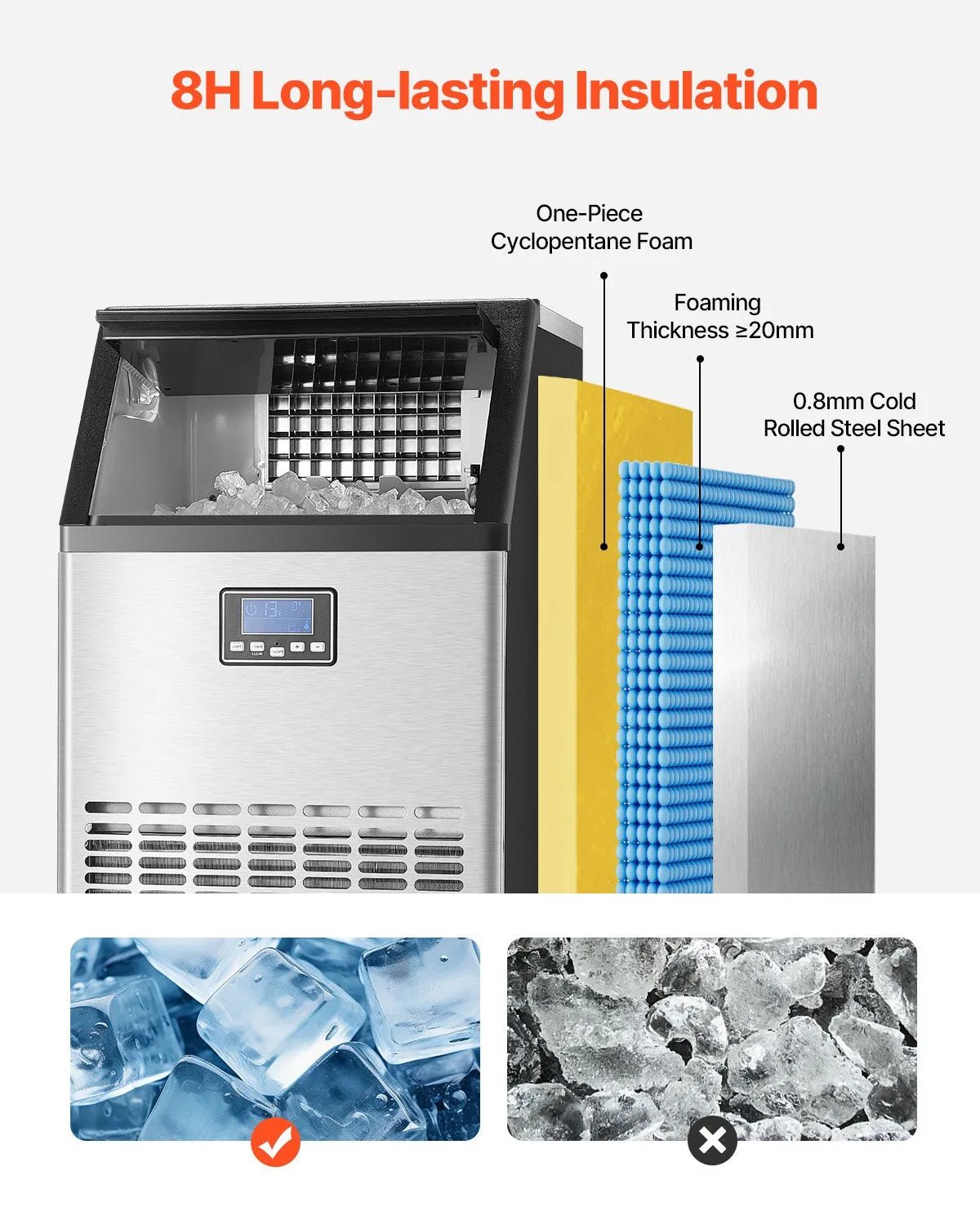 VEVOR komerciālais ledus ģenerators 54,4 kg/24 h ar 15 kg uzglabāšanas ietilpību, 45 kubiņi 15 minūtēs, brīvi stāvošs ar LED digitālo displeju un pašattīrīšanos, piemērots bāram, birojam un restorānam - ZEMLETES.LV