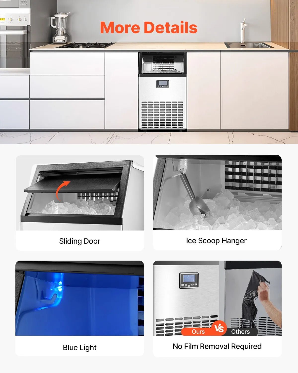 VEVOR komerciālais ledus ģenerators 54,4 kg/24 h ar 15 kg uzglabāšanas ietilpību, 45 kubiņi 15 minūtēs, brīvi stāvošs ar LED digitālo displeju un pašattīrīšanos, piemērots bāram, birojam un restorānam - ZEMLETES.LV