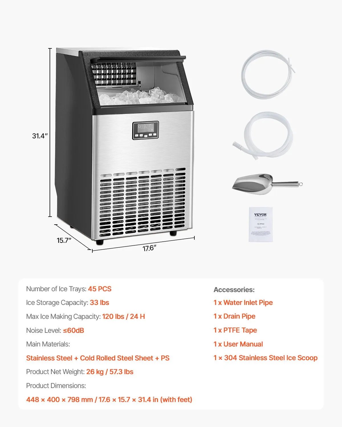 VEVOR komerciālais ledus ģenerators 54,4 kg/24 h ar 15 kg uzglabāšanas ietilpību, 45 kubiņi 15 minūtēs, brīvi stāvošs ar LED digitālo displeju un pašattīrīšanos, piemērots bāram, birojam un restorānam - ZEMLETES.LV