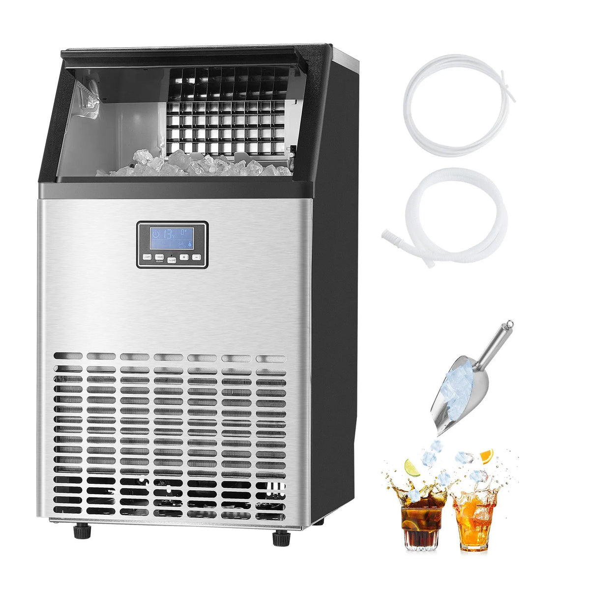 VEVOR komerciālais ledus ģenerators 54,4 kg/24 h ar 15 kg uzglabāšanas ietilpību, 45 kubiņi 15 minūtēs, brīvi stāvošs ar LED digitālo displeju un pašattīrīšanos, piemērots bāram, birojam un restorānam - ZEMLETES.LV
