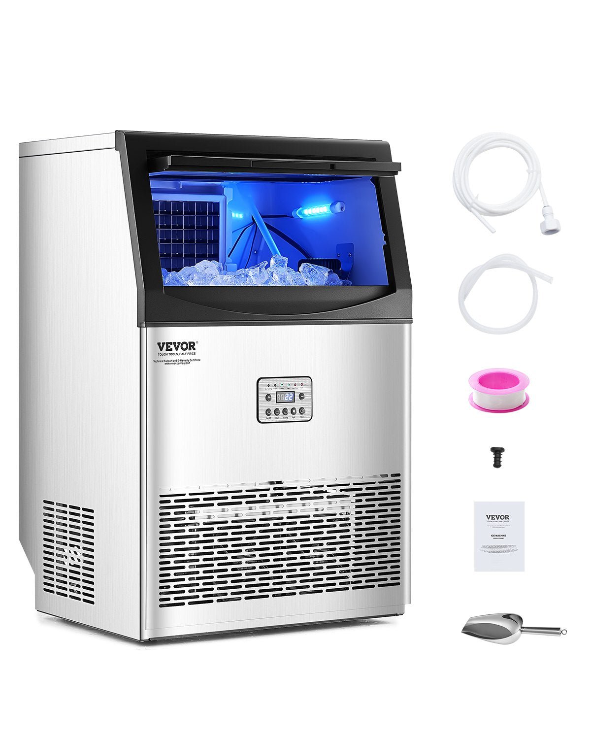VEVOR komerciālais ledus ģenerators 40,8 kg/24 h ar 15 kg uzglabāšanas ietilpību, 50 kubiņi 15 minūtēs, brīvi stāvošs ar LED digitālo displeju un pašattīrīšanos, piemērots bāram, birojam un restorānam - ZEMLETES.LV