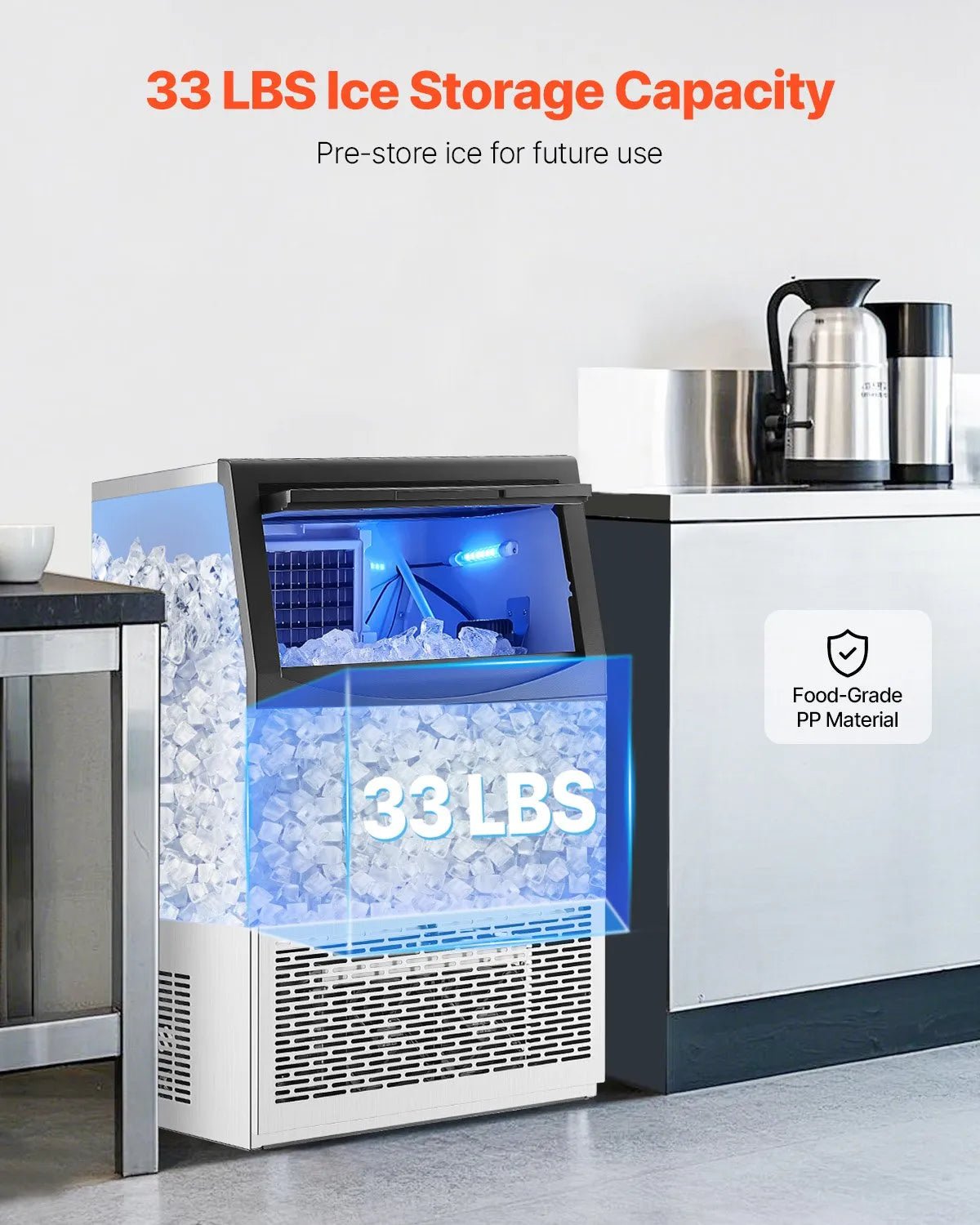 VEVOR komerciālais ledus ģenerators 40,8 kg/24 h ar 15 kg uzglabāšanas ietilpību, 50 kubiņi 15 minūtēs, brīvi stāvošs ar LED digitālo displeju un pašattīrīšanos, piemērots bāram, birojam un restorānam - ZEMLETES.LV