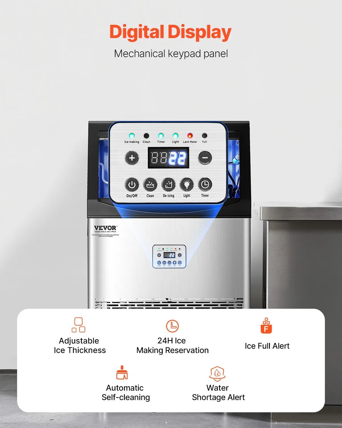 VEVOR komerciālais ledus ģenerators 40,8 kg/24 h ar 15 kg uzglabāšanas ietilpību, 50 kubiņi 15 minūtēs, brīvi stāvošs ar LED digitālo displeju un pašattīrīšanos, piemērots bāram, birojam un restorānam - ZEMLETES.LV