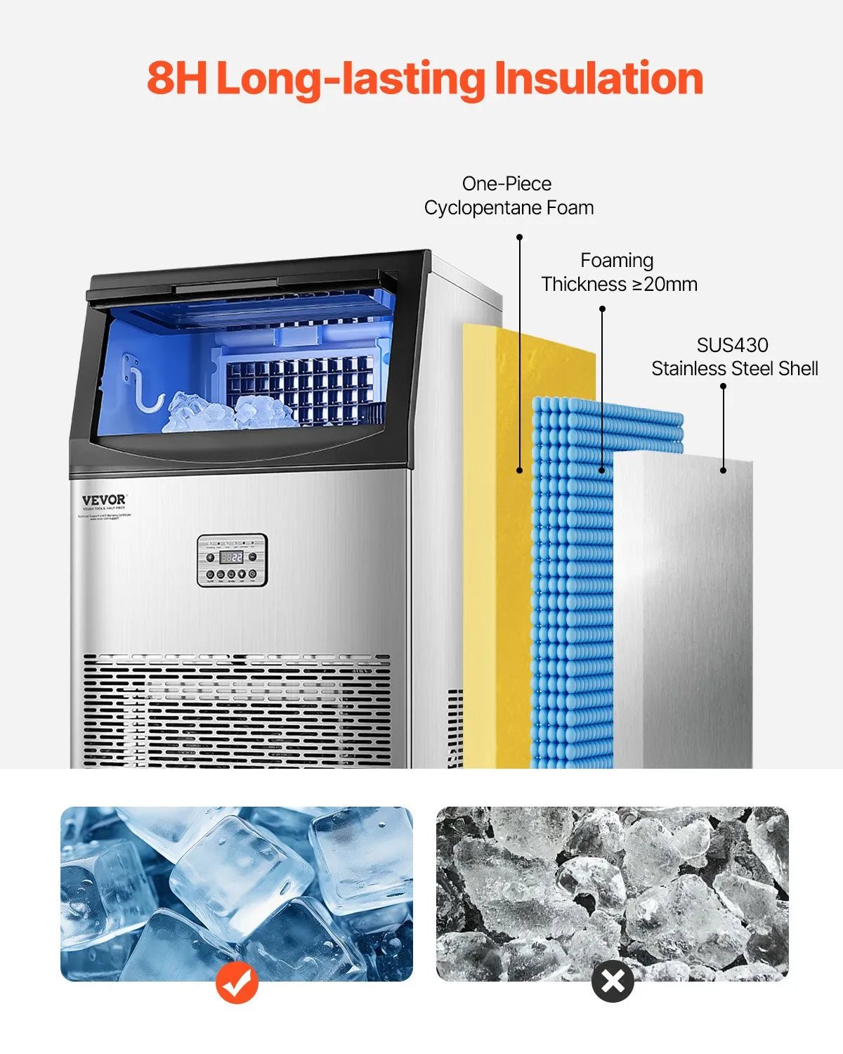 VEVOR komerciālais ledus ģenerators 40,8 kg/24 h ar 15 kg uzglabāšanas ietilpību, 50 kubiņi 15 minūtēs, brīvi stāvošs ar LED digitālo displeju un pašattīrīšanos, piemērots bāram, birojam un restorānam - ZEMLETES.LV