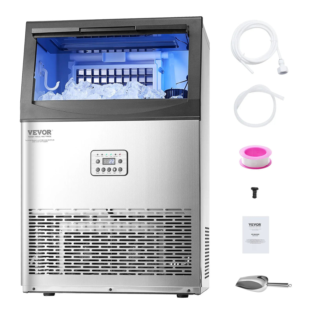 VEVOR komerciālais ledus ģenerators 40,8 kg/24 h ar 15 kg uzglabāšanas ietilpību, 50 kubiņi 15 minūtēs, brīvi stāvošs ar LED digitālo displeju un pašattīrīšanos, piemērots bāram, birojam un restorānam - ZEMLETES.LV