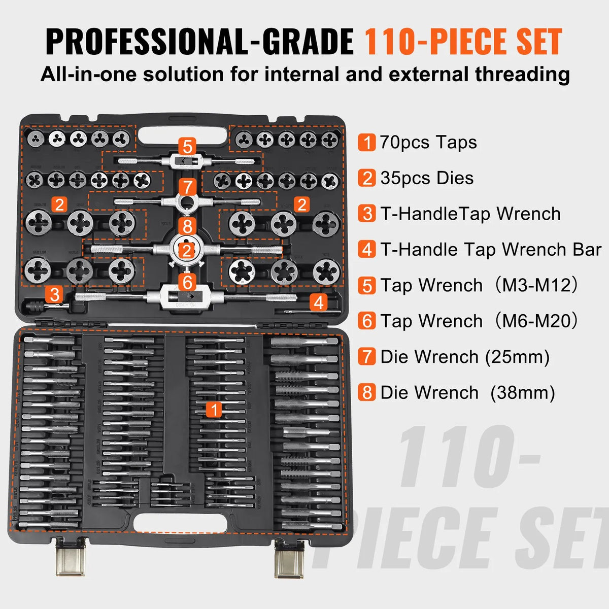VEVOR 110-Piece Tap and Die Set M2–M18, High Speed Steel, with Accessories and Case