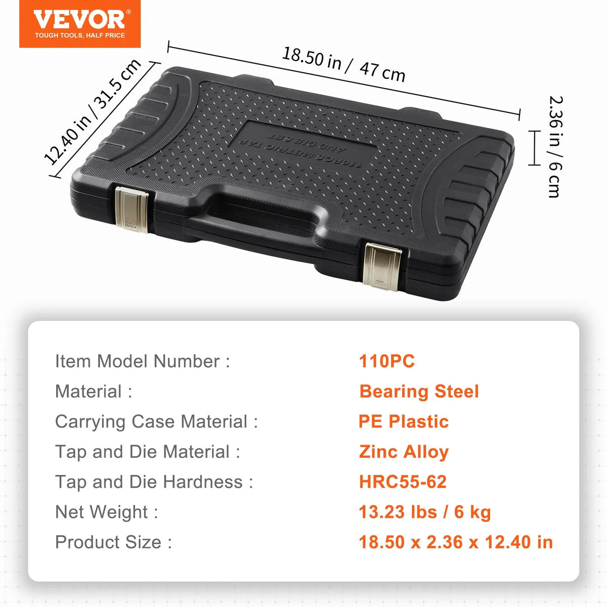 VEVOR 110-Piece Tap and Die Set M2–M18, High Speed Steel, with Accessories and Case