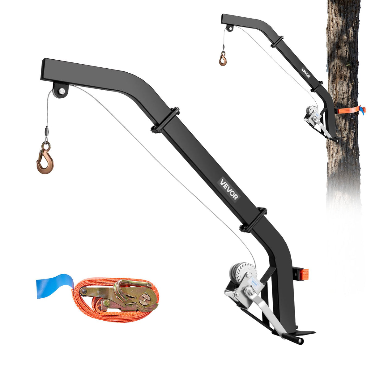 Tree-mounted deer hoist with 160 kg lifting capacity, ratchet strap winch, durable stand for deer processing, cleaning, hanging and feeding, black