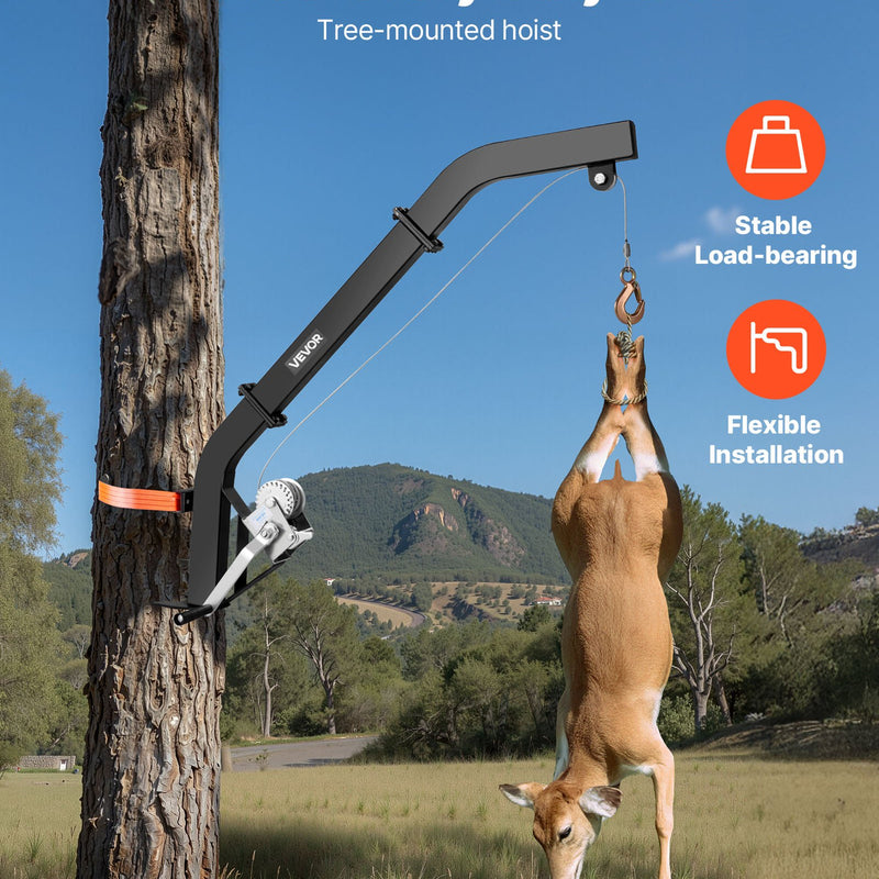 Kokā stiprināms briežu pacēlājs ar 160 kg celtspēju, vinča ar sprūdrata siksnu, izturīgs statīvs briežu apstrādei, tīrīšanai, iekāršanai un barošanai, melns