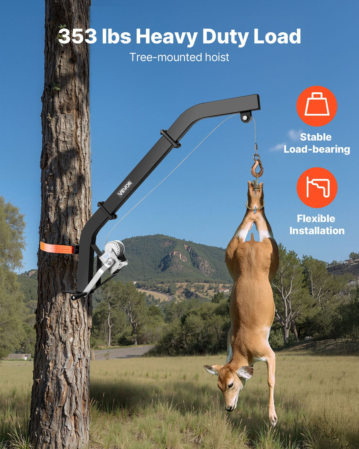 Tree-mounted deer hoist with 160 kg lifting capacity, ratchet strap winch, durable stand for deer processing, cleaning, hanging and feeding, black