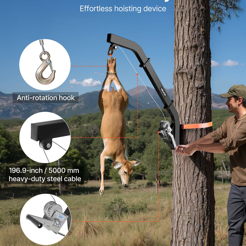 Kokā stiprināms briežu pacēlājs ar 160 kg celtspēju, vinča ar sprūdrata siksnu, izturīgs statīvs briežu apstrādei, tīrīšanai, iekāršanai un barošanai, melns