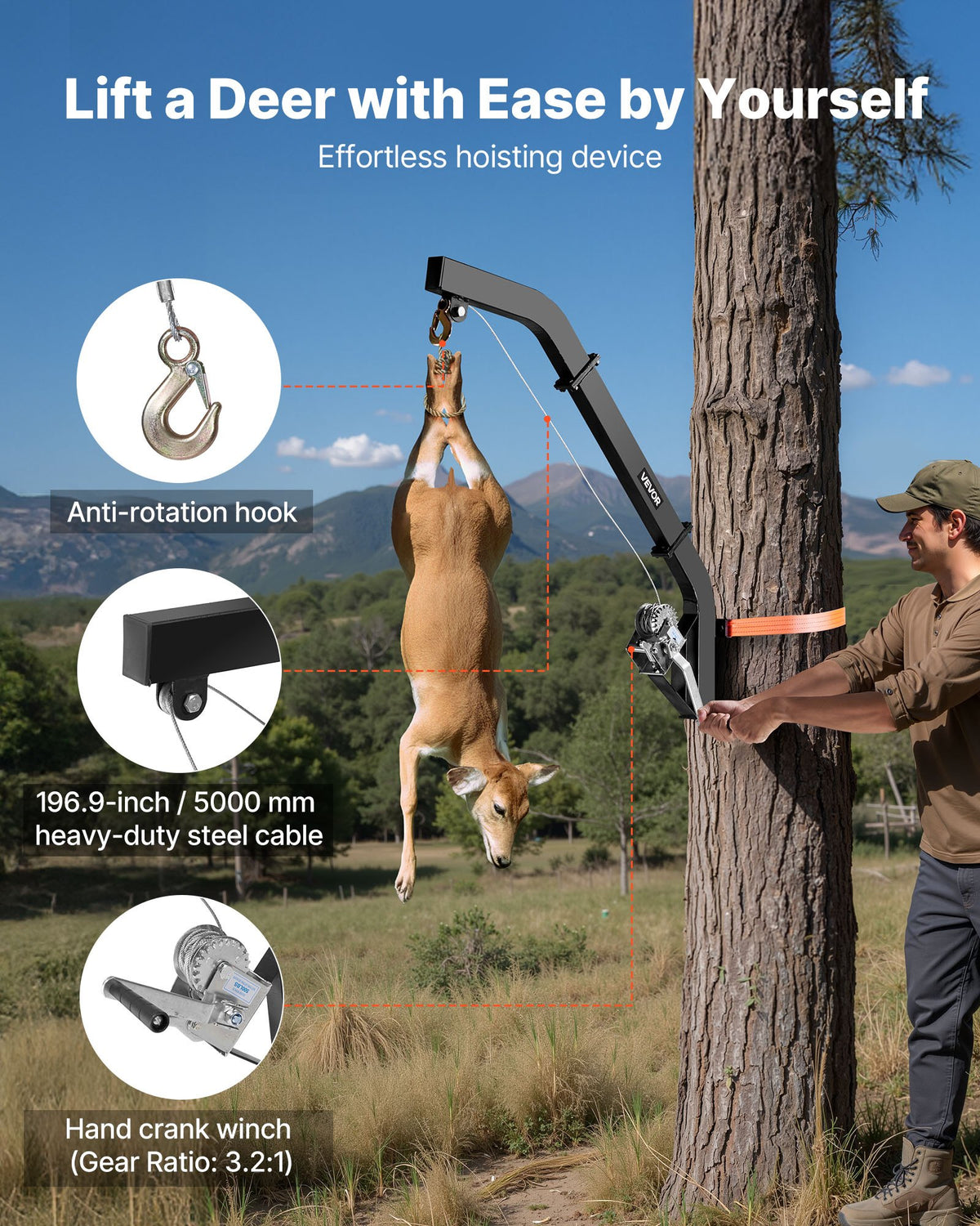 Tree-mounted deer hoist with 160 kg lifting capacity, ratchet strap winch, durable stand for deer processing, cleaning, hanging and feeding, black