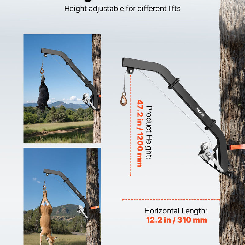 Kokā stiprināms briežu pacēlājs ar 160 kg celtspēju, vinča ar sprūdrata siksnu, izturīgs statīvs briežu apstrādei, tīrīšanai, iekāršanai un barošanai, melns