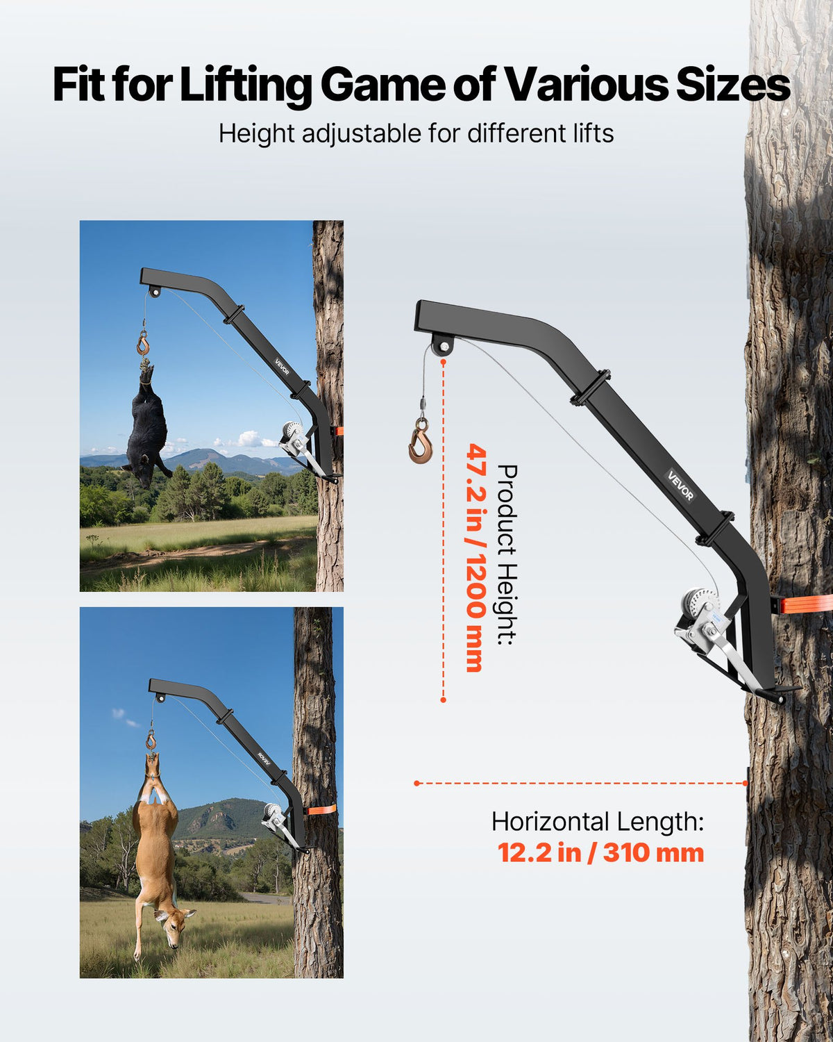 Tree-mounted deer hoist with 160 kg lifting capacity, ratchet strap winch, durable stand for deer processing, cleaning, hanging and feeding, black