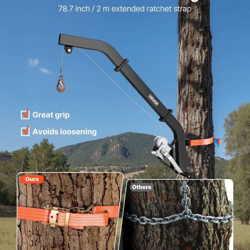 Kokā stiprināms briežu pacēlājs ar 160 kg celtspēju, vinča ar sprūdrata siksnu, izturīgs statīvs briežu apstrādei, tīrīšanai, iekāršanai un barošanai, melns