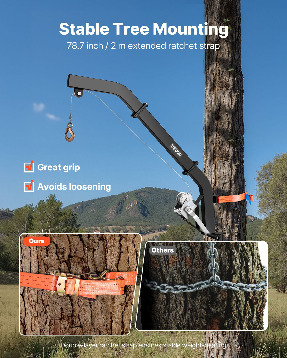 Tree-mounted deer hoist with 160 kg lifting capacity, ratchet strap winch, durable stand for deer processing, cleaning, hanging and feeding, black
