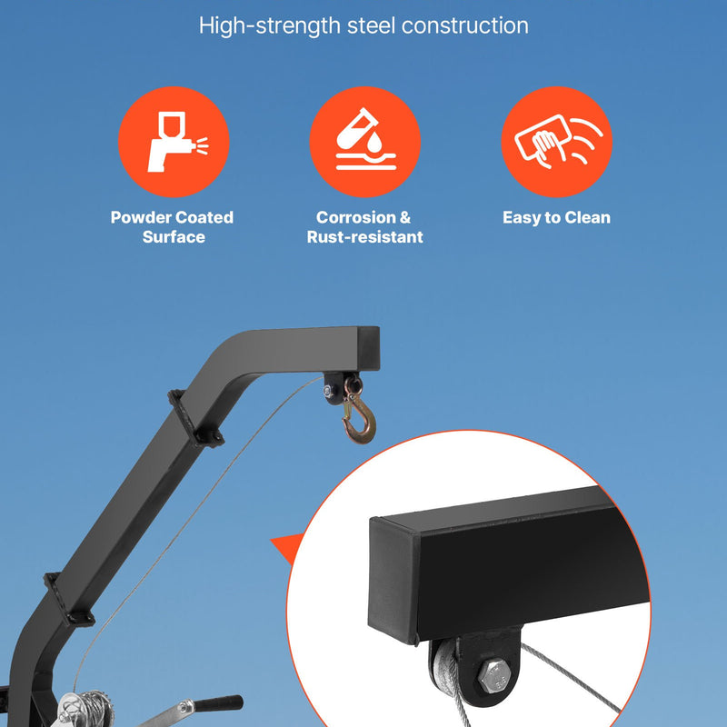 Kokā stiprināms briežu pacēlājs ar 160 kg celtspēju, vinča ar sprūdrata siksnu, izturīgs statīvs briežu apstrādei, tīrīšanai, iekāršanai un barošanai, melns