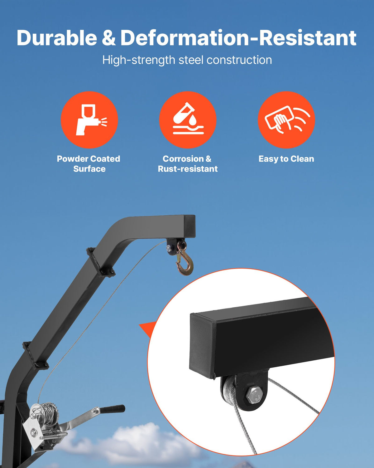 Tree-mounted deer hoist with 160 kg lifting capacity, ratchet strap winch, durable stand for deer processing, cleaning, hanging and feeding, black