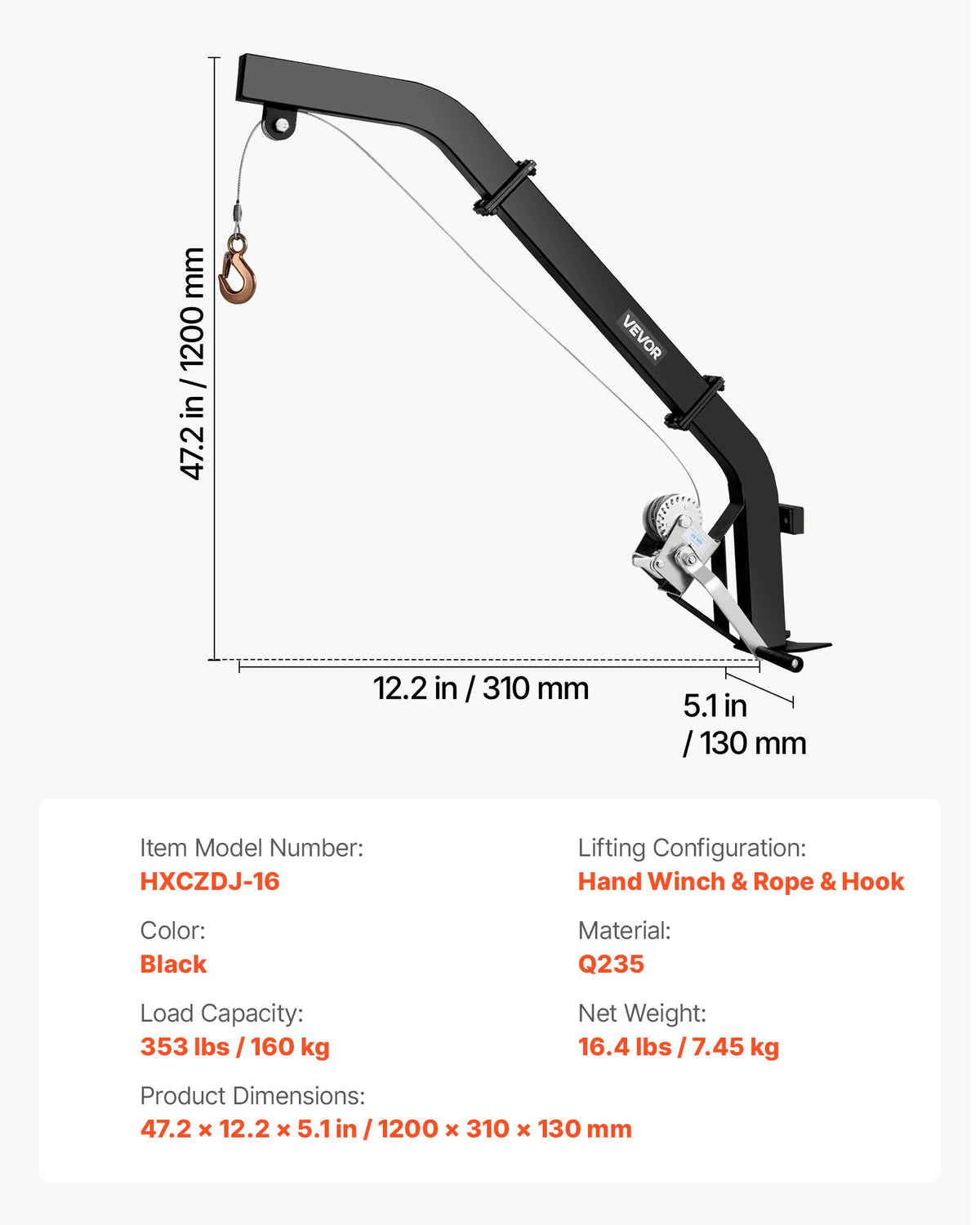 Tree-mounted deer hoist with 160 kg lifting capacity, ratchet strap winch, durable stand for deer processing, cleaning, hanging and feeding, black
