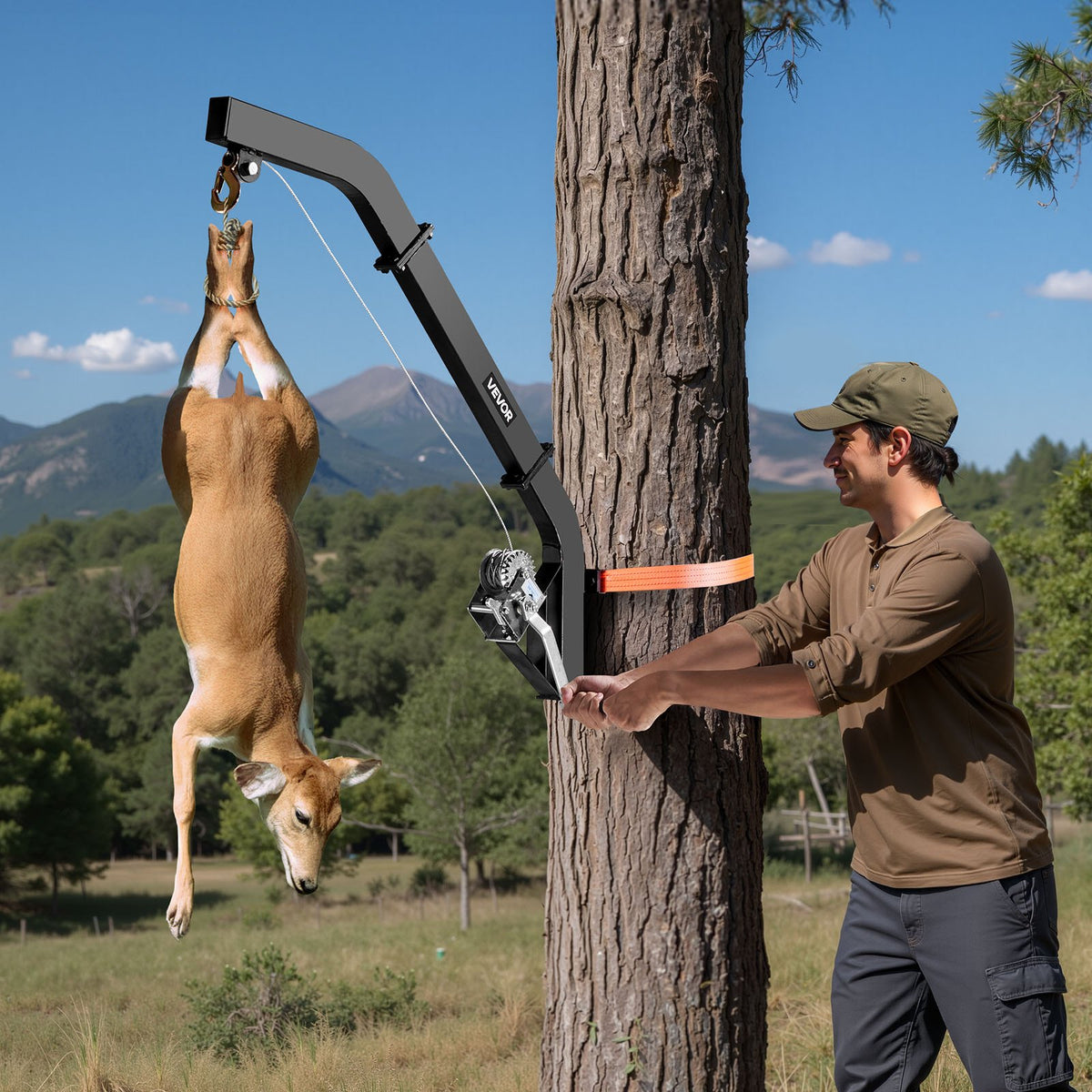 Tree-mounted deer hoist with 160 kg lifting capacity, ratchet strap winch, durable stand for deer processing, cleaning, hanging and feeding, black