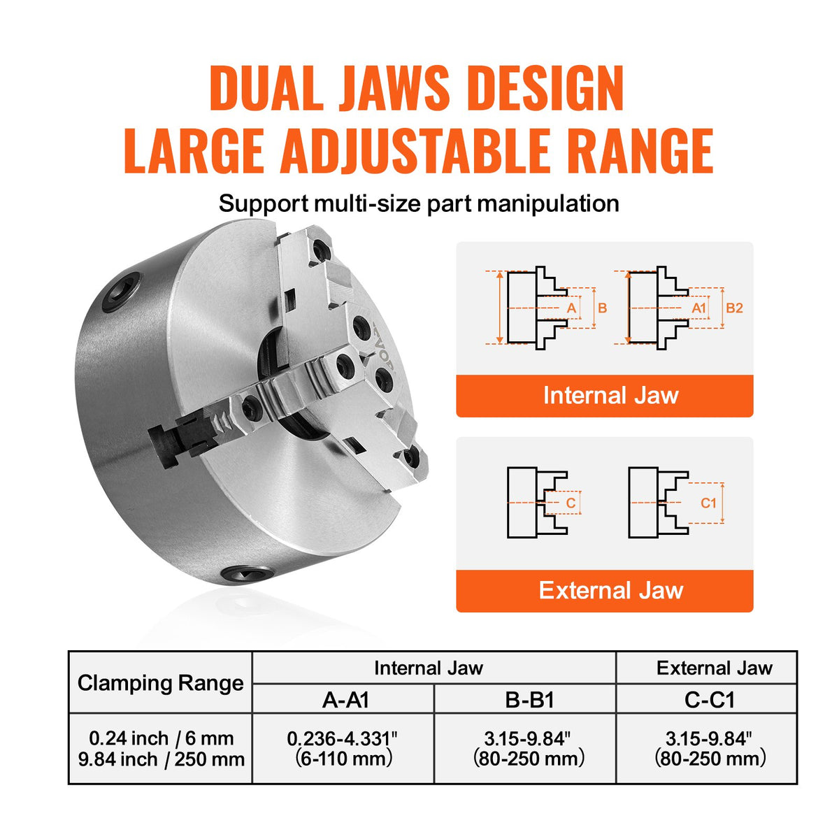 VEVOR 3-Jaw Self-Centering Lathe Chuck 254 mm with T-Key and Mounting Accessories