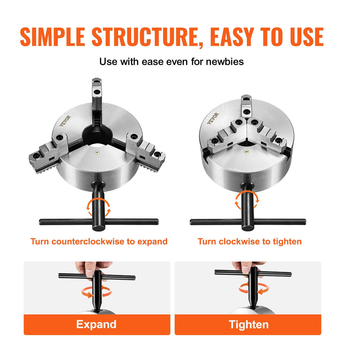 VEVOR 3-Jaw Self-Centering Lathe Chuck 254 mm with T-Key and Mounting Accessories