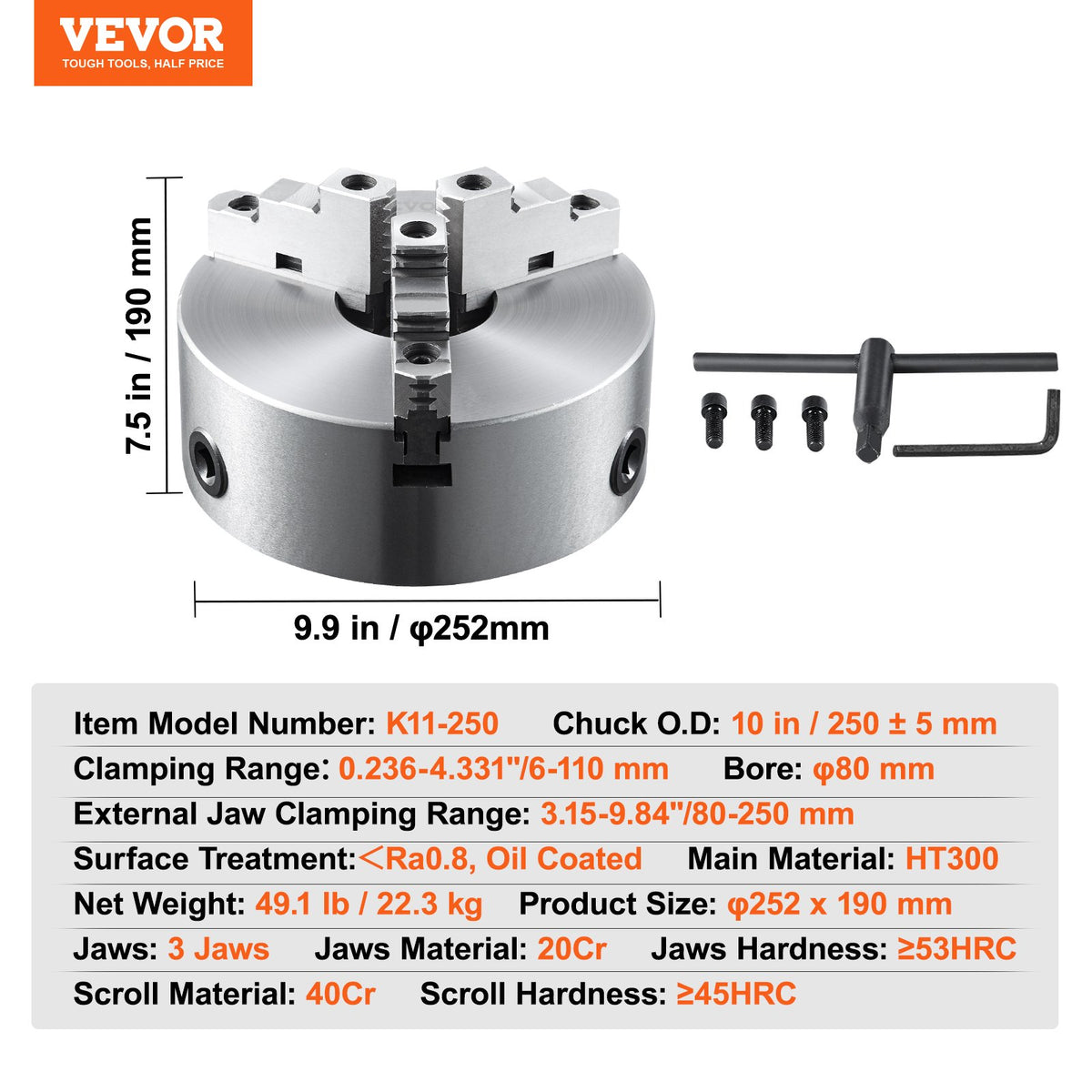 VEVOR 3-Jaw Self-Centering Lathe Chuck 254 mm with T-Key and Mounting Accessories