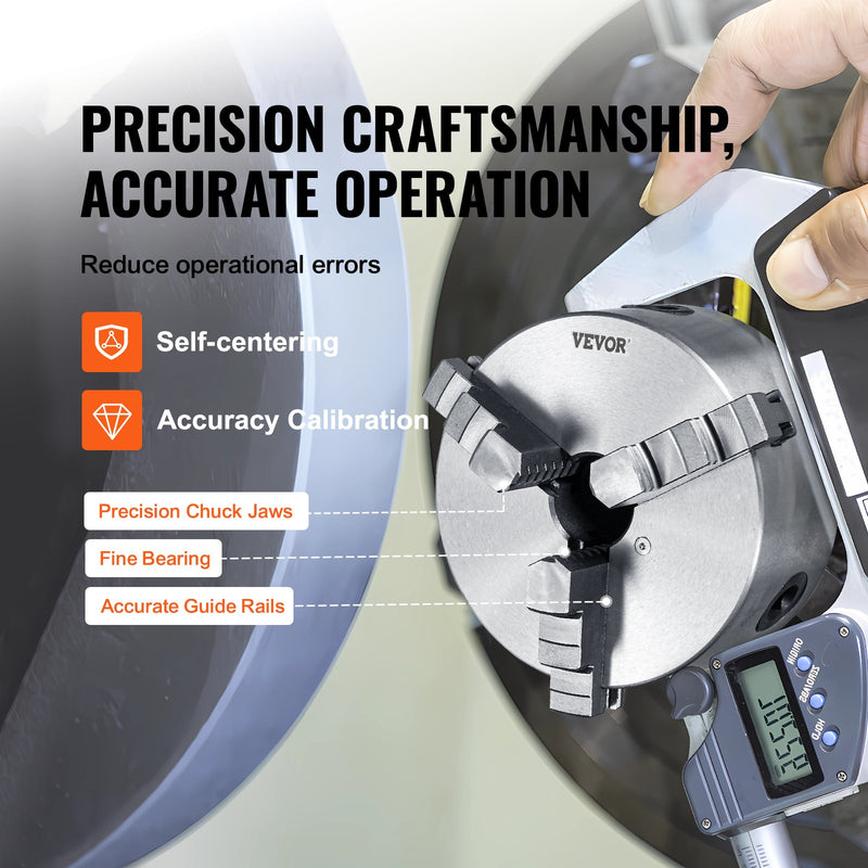 VEVOR 3-žokļu pašcentrējošā virpas patrona 160 mm, 3,5–160 mm satveršanas diapazons, ar atgriezeniskiem žokļiem un T-veida atslēgu, virpai/CNC/3D printerim/frēzei/urbjmašīnai