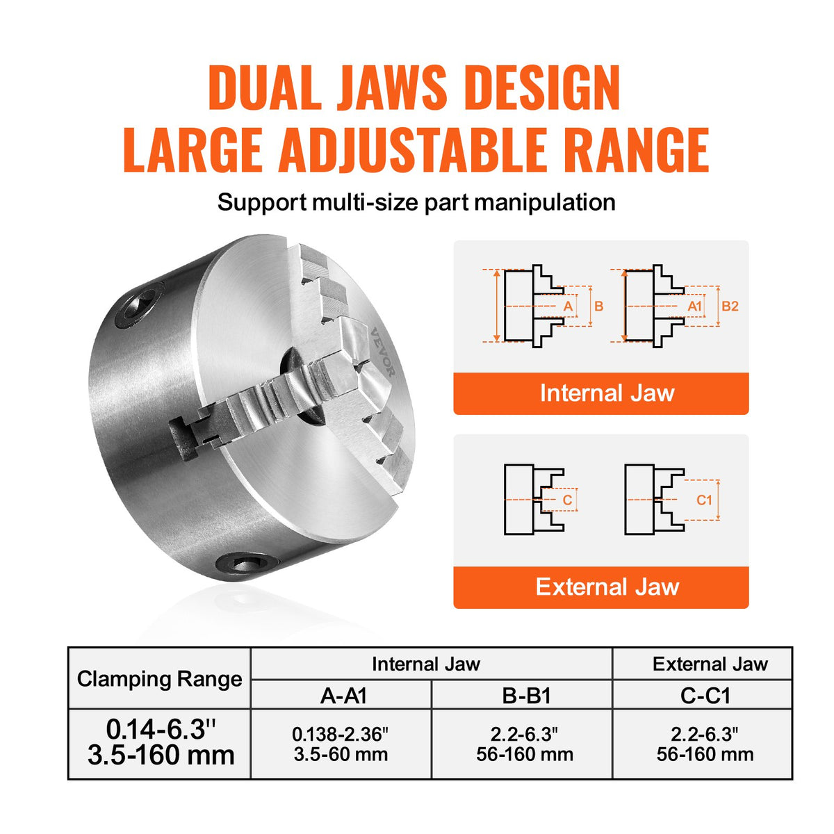VEVOR 3-Jaw Self-Centering Lathe Chuck 160 mm, 3.5–160 mm, with Reversible Jaws and T-Key