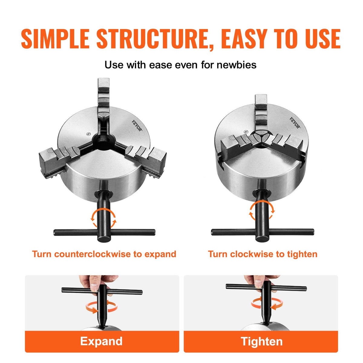 VEVOR 3-Jaw Self-Centering Lathe Chuck 160 mm, 3.5–160 mm, with Reversible Jaws and T-Key