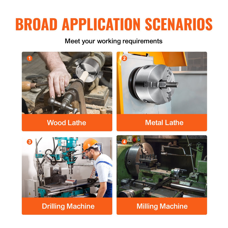 VEVOR 3-žokļu pašcentrējošā virpas patrona 160 mm, 3,5–160 mm satveršanas diapazons, ar atgriezeniskiem žokļiem un T-veida atslēgu, virpai/CNC/3D printerim/frēzei/urbjmašīnai