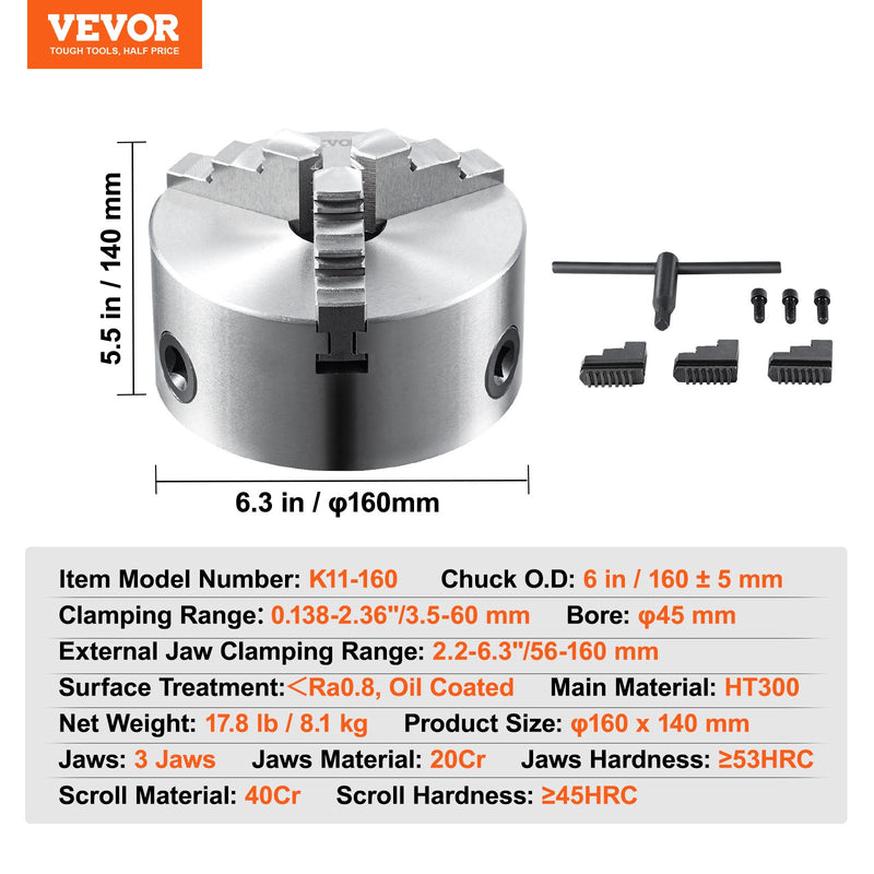 VEVOR 3-žokļu pašcentrējošā virpas patrona 160 mm, 3,5–160 mm satveršanas diapazons, ar atgriezeniskiem žokļiem un T-veida atslēgu, virpai/CNC/3D printerim/frēzei/urbjmašīnai
