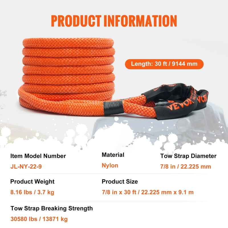 Kinetiskā atgūšanas vilkšanas virve 2,2 cm x 9,1 m, 13 876 kg, smagās slodzes elastīgā snatch siksna ar 30% stiepjamību un 2 mīkstajām skavām 18 927 kg, piemērota džipiem, automašīnām, kravas auto, ATV, UTV, SUV un traktoriem