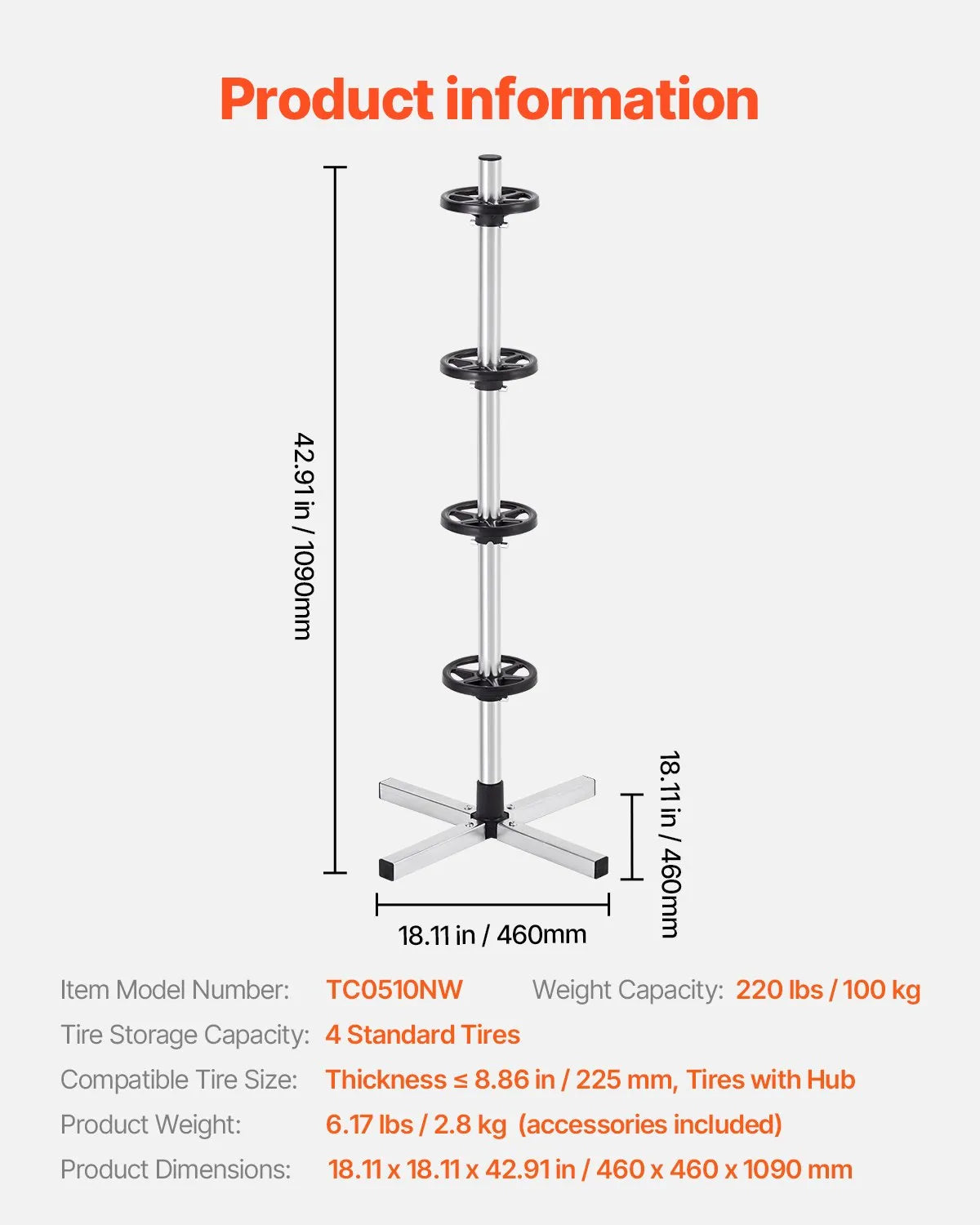 Tyre stand with disc holder for 4 tyres — suitable for tyres up to 225 mm wide
