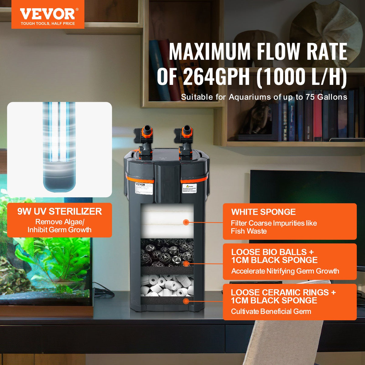 VEVOR akvaariumi välisfilter 11 W UV-lambiga, vaikne, akvaariumitele kuni 284 l