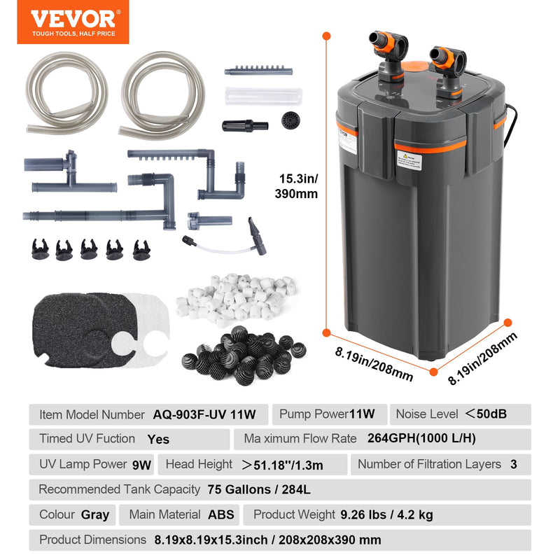 VEVOR Akvārija kanistra filtrs 284 l ar 11 W UV lampu, klusa darbība