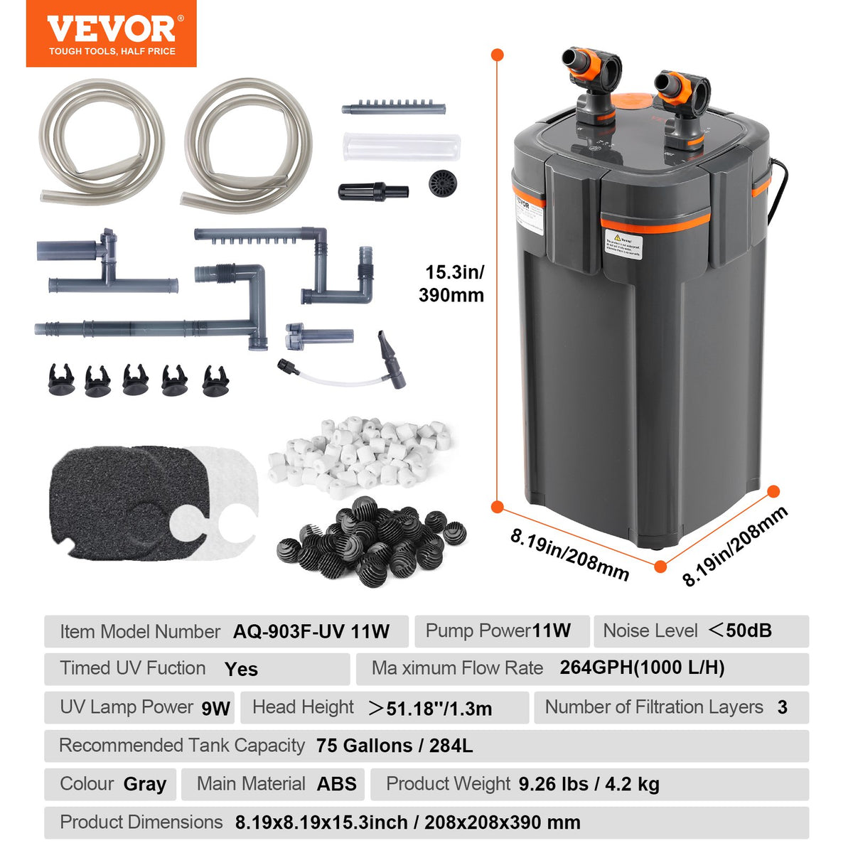 VEVOR akvaariumi välisfilter 11 W UV-lambiga, vaikne, akvaariumitele kuni 284 l