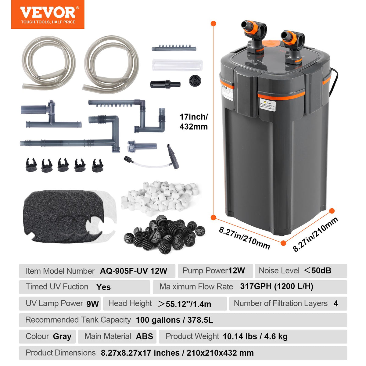 VEVOR akvārija kannas filtrs ar 12 W UV lampu, kluss, akvārijiem līdz 379 l