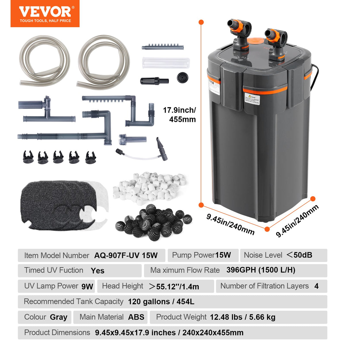 VEVOR akvaariumi välisfilter 15 W UV-lambiga, vaikne, akvaariumitele kuni 454 l