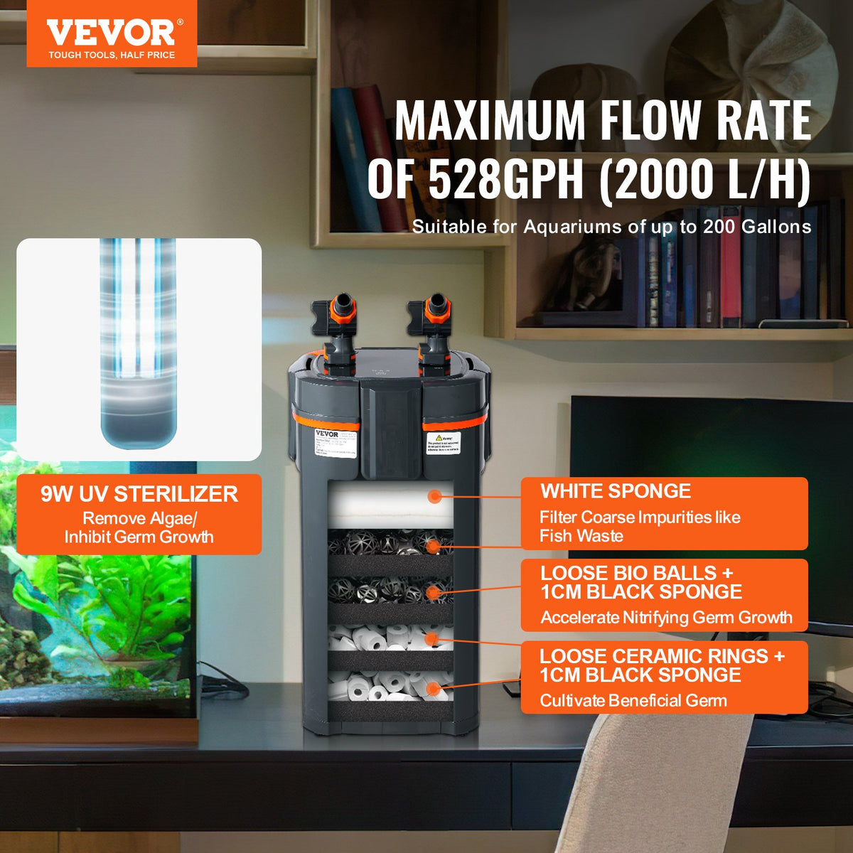 VEVOR akvārija kannas filtrs ar 20 W UV lampu, kluss, akvārijiem līdz 757 l