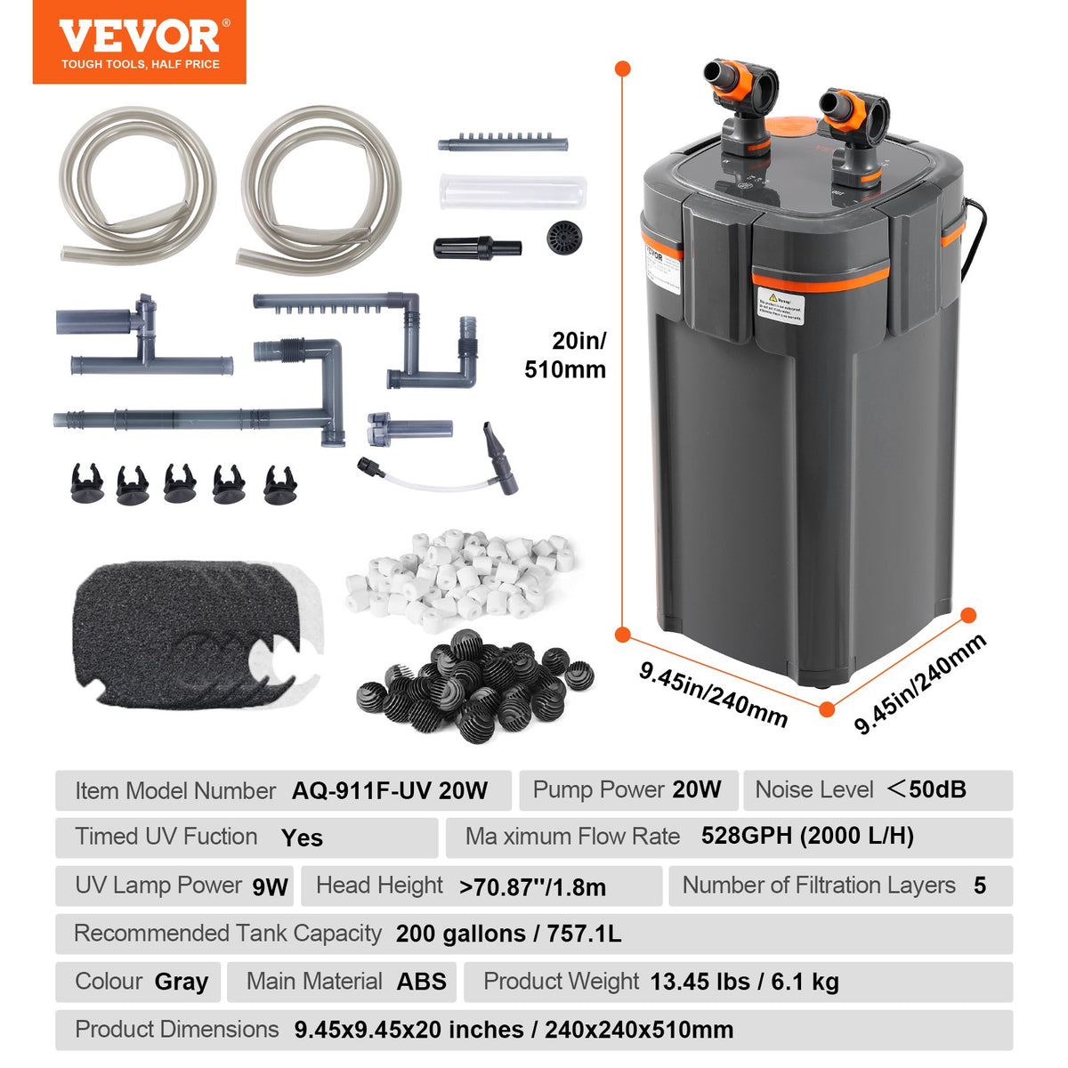 VEVOR akvārija kannas filtrs ar 20 W UV lampu, kluss, akvārijiem līdz 757 l