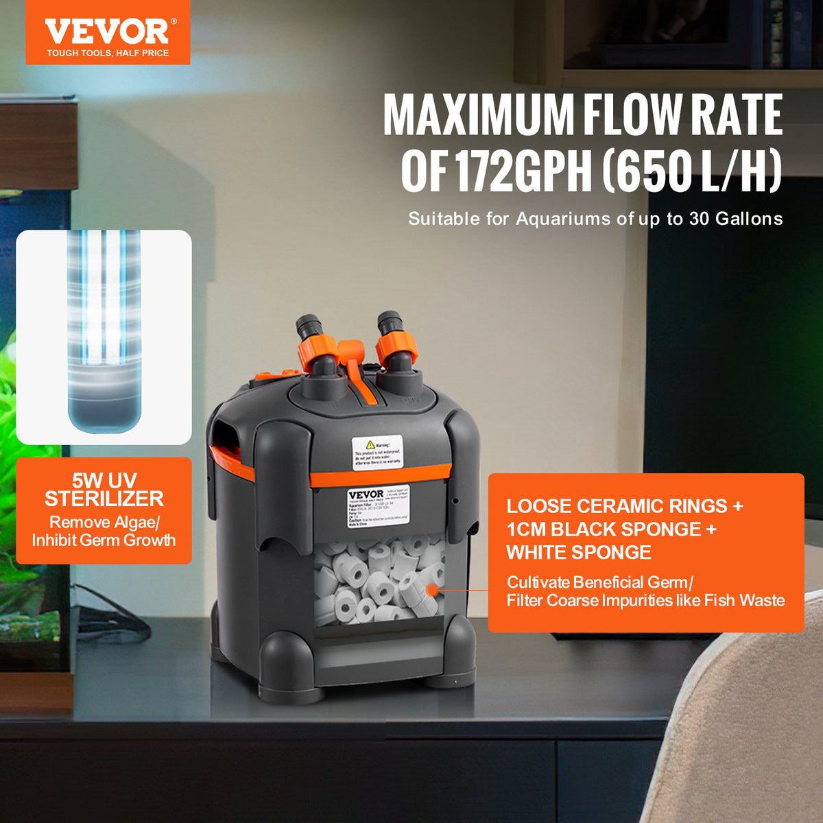 VEVOR akvaariumi välisfilter 8 W UV-lambiga, vaikne, akvaariumitele kuni 113 l